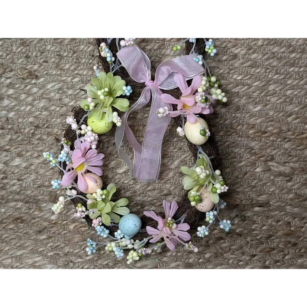 Easter Bunny Shaped Holiday Wreath with Eggs & Satin Ribbon Bow Door Decor 19